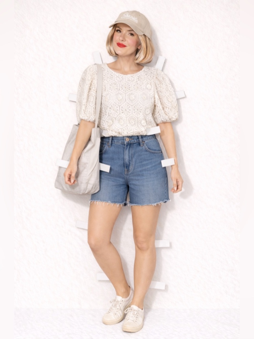 DOWN EAST Mimi & Daphne Cream Crochet Puff Sleeve Top size M